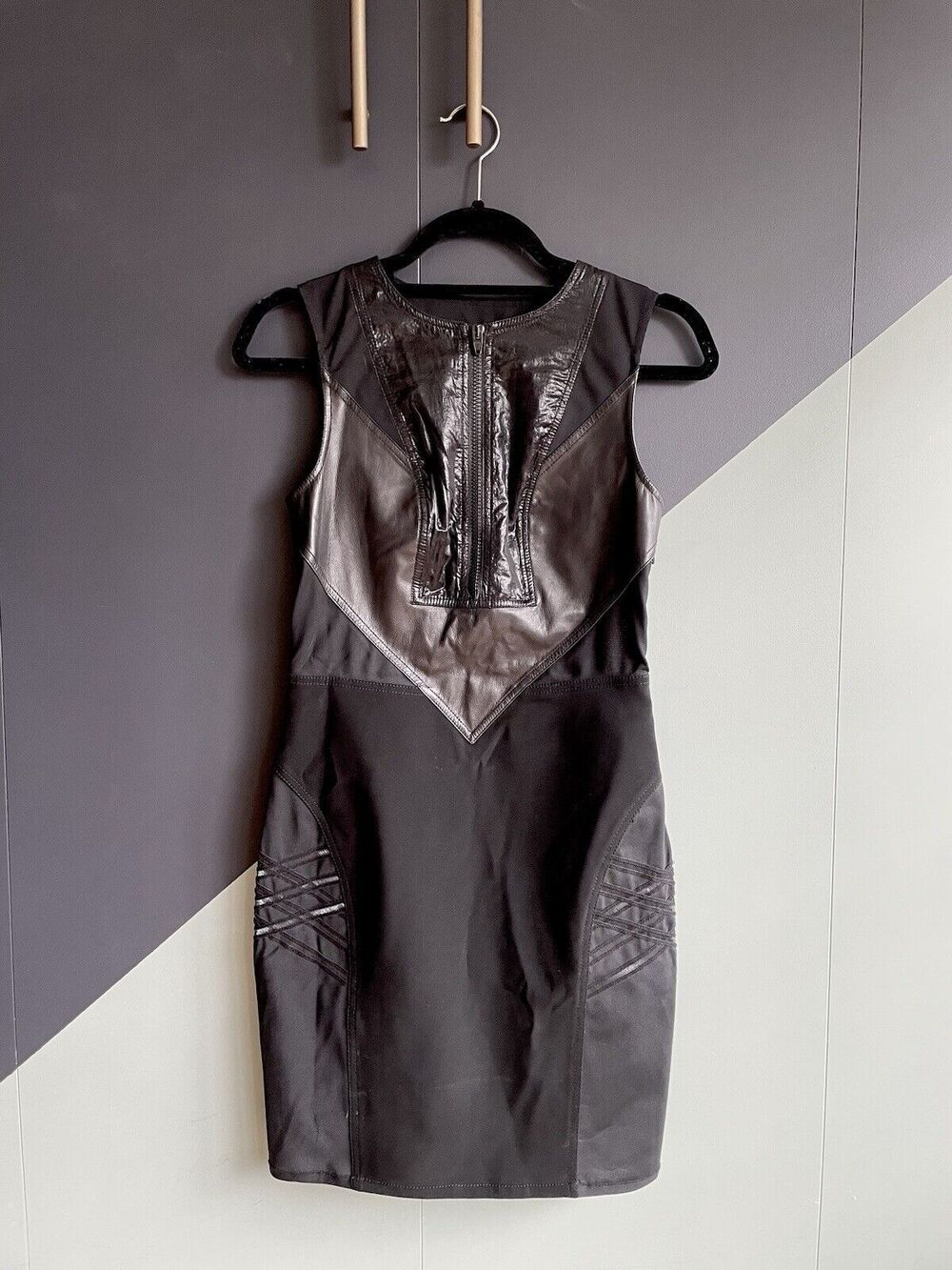 Alexander Wang $1000 Black Bodycon Sheath Dress w/ Leather + Mesh Accents Sz 2